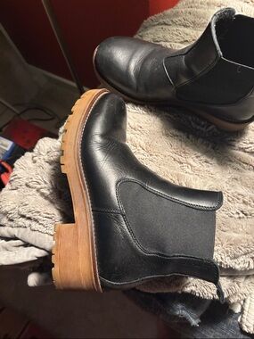 Black Leather Chelsea Booties with Stacked Heel